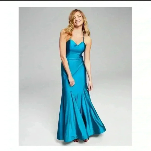 BLONDIE NITES Teal Pleated Strappy Billowy Hem Spaghetti Strap Sweetheart Neck - Picture 1 of 6